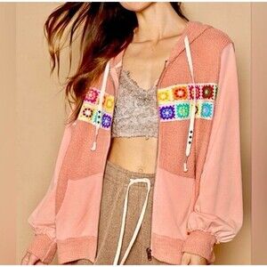 POL Women's Medium oversized granny square knit sweater zip up hooded jacket